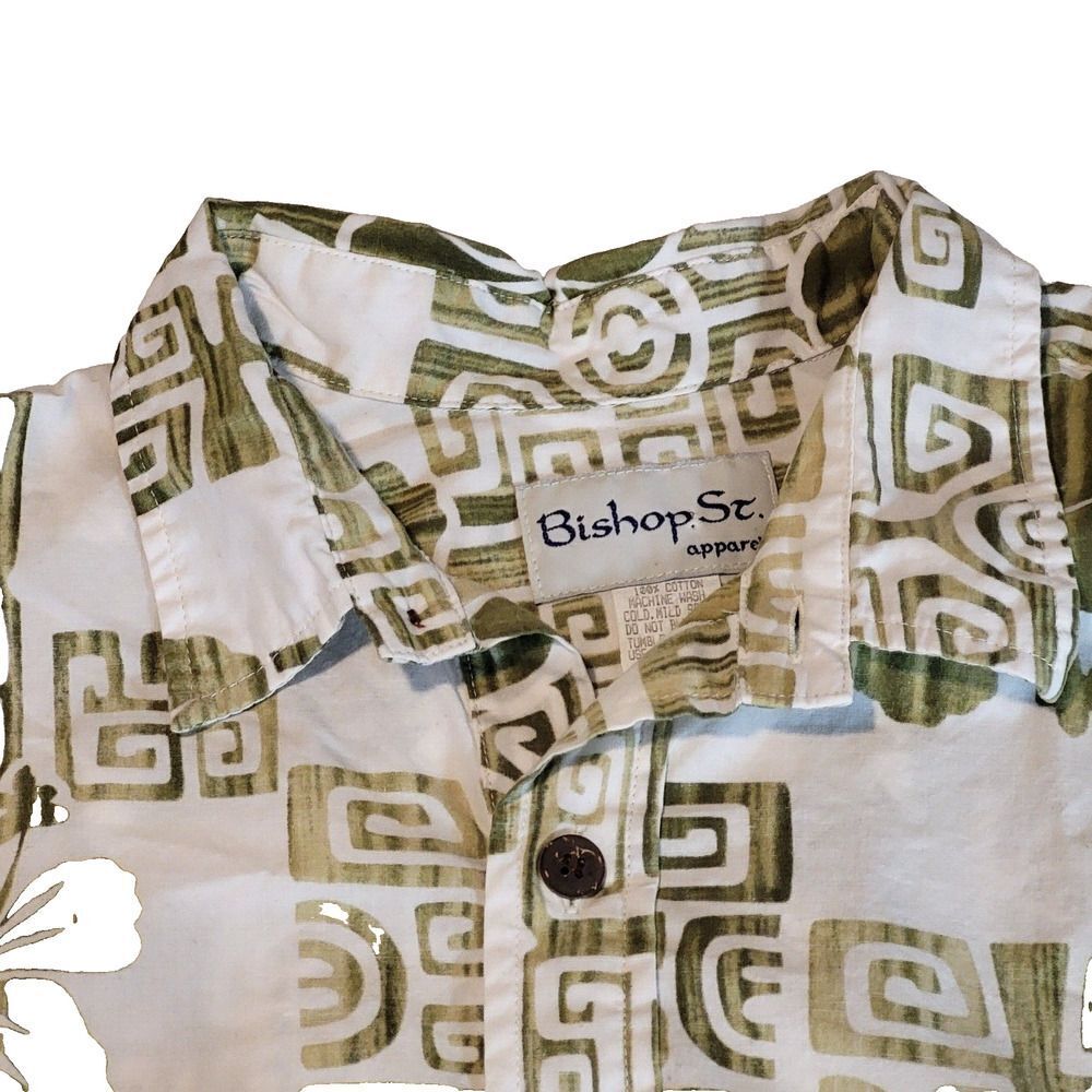 Vintage Men's XL Hawaiian Shirt All Cotton Green White Design Made in Hawaii - Picture 11 of 16